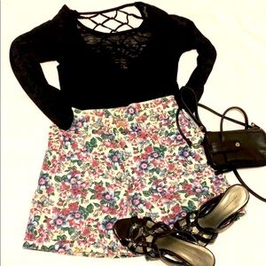 Flower print denim shorts